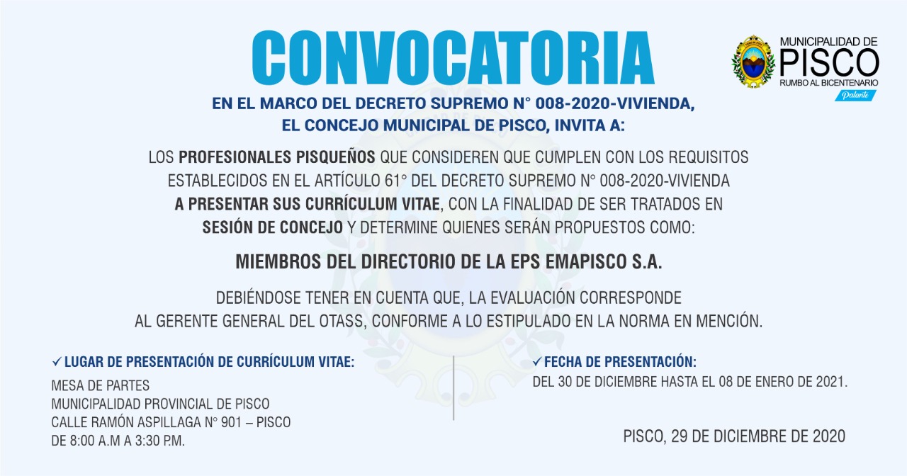 CONVOCATORIA MIEMBROS DE DIRECTORIO EMAPISCO